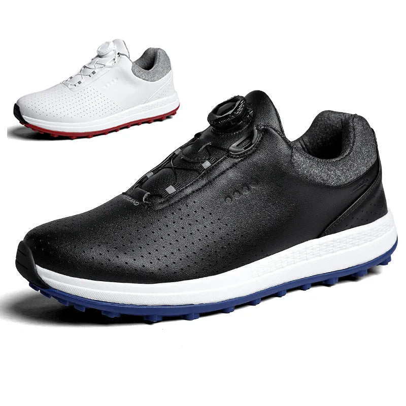 Men's white low top golf sneakers with breathable holes and a textured non-slip sole.