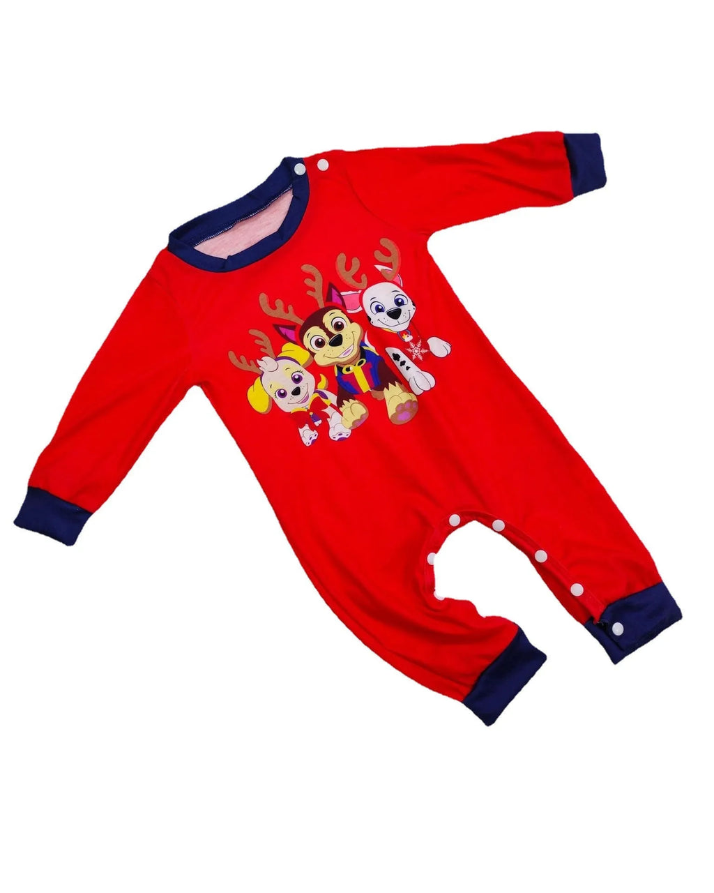 Matching red plaid Christmas pyjamas with cartoon deer print for men, women, kids, and dogs on a mannequin.