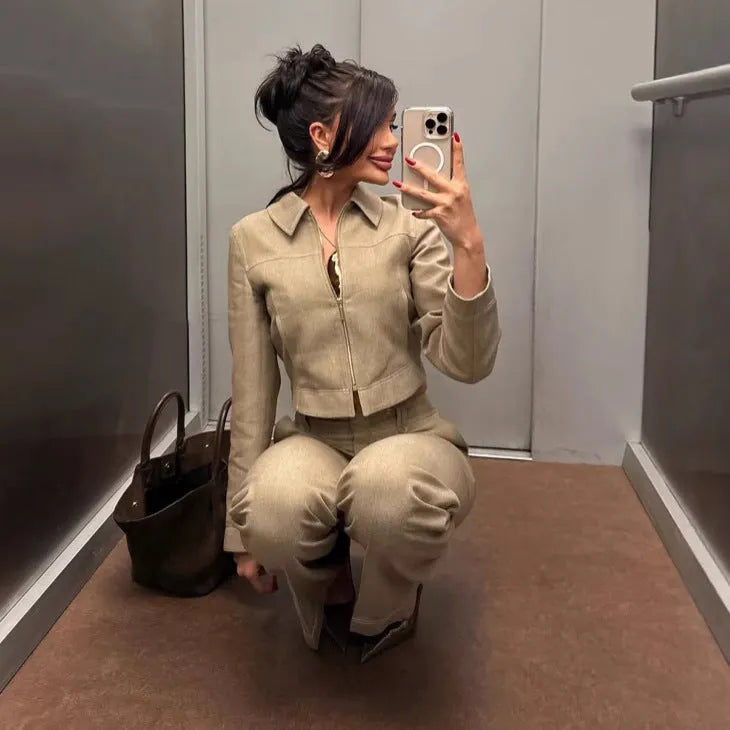 Women's herringbone pattern suit set with 3D embroidery detailing showing jacket and trousers