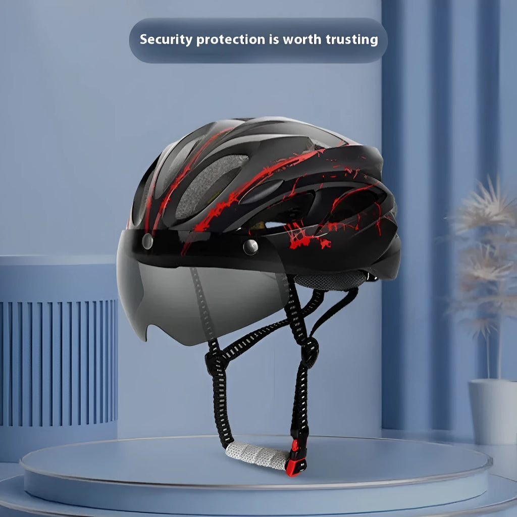 Adult bicycle helmet with integrated LED lights in L size 57-62cm showing EPS PC construction