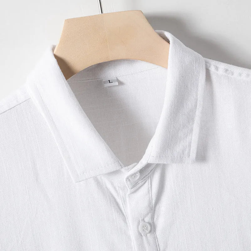 Men's loose fit linen T-shirt with lapels and short sleeves in solid colours