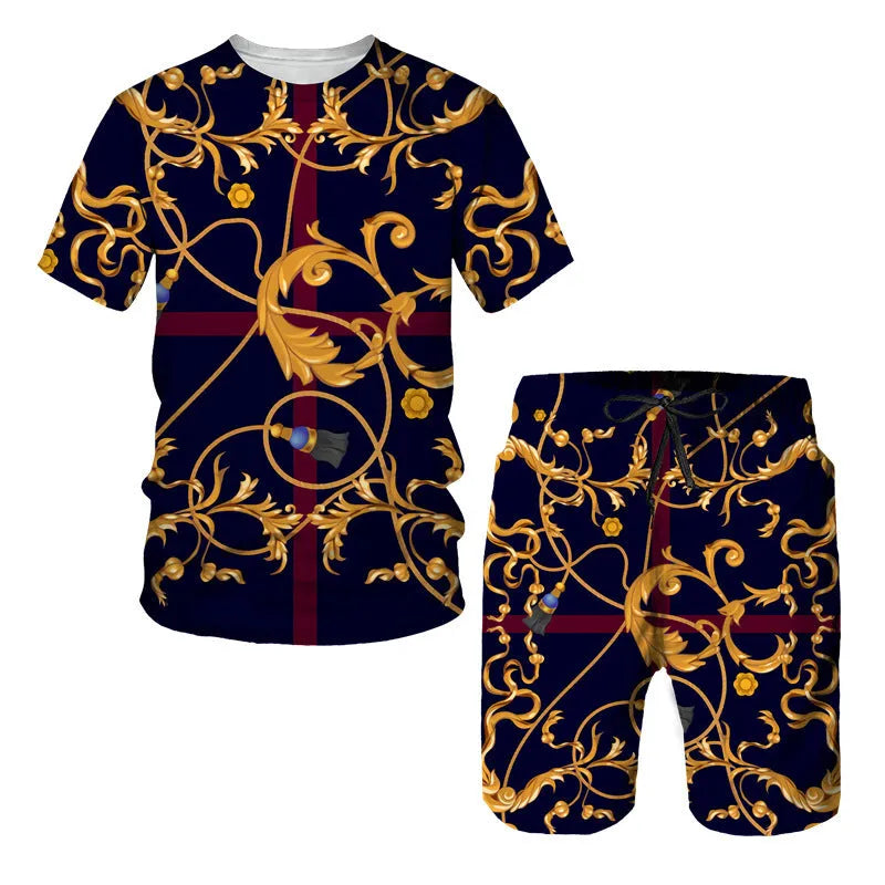 Chain pattern digital print short sleeve t-shirt and matching shorts set for summer.