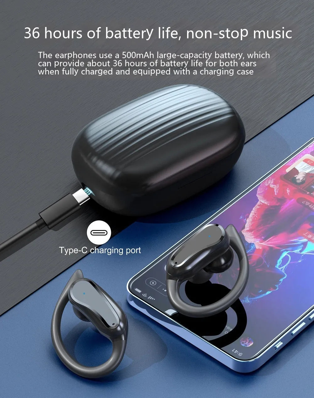 Black IPX7 waterproof ear-mounted sports wireless Bluetooth headset with silicone ear hooks and charging case