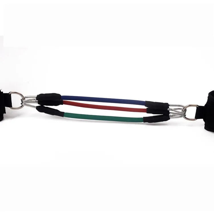 Black elastic taekwondo training pull rope set for leg strength and kicking power.