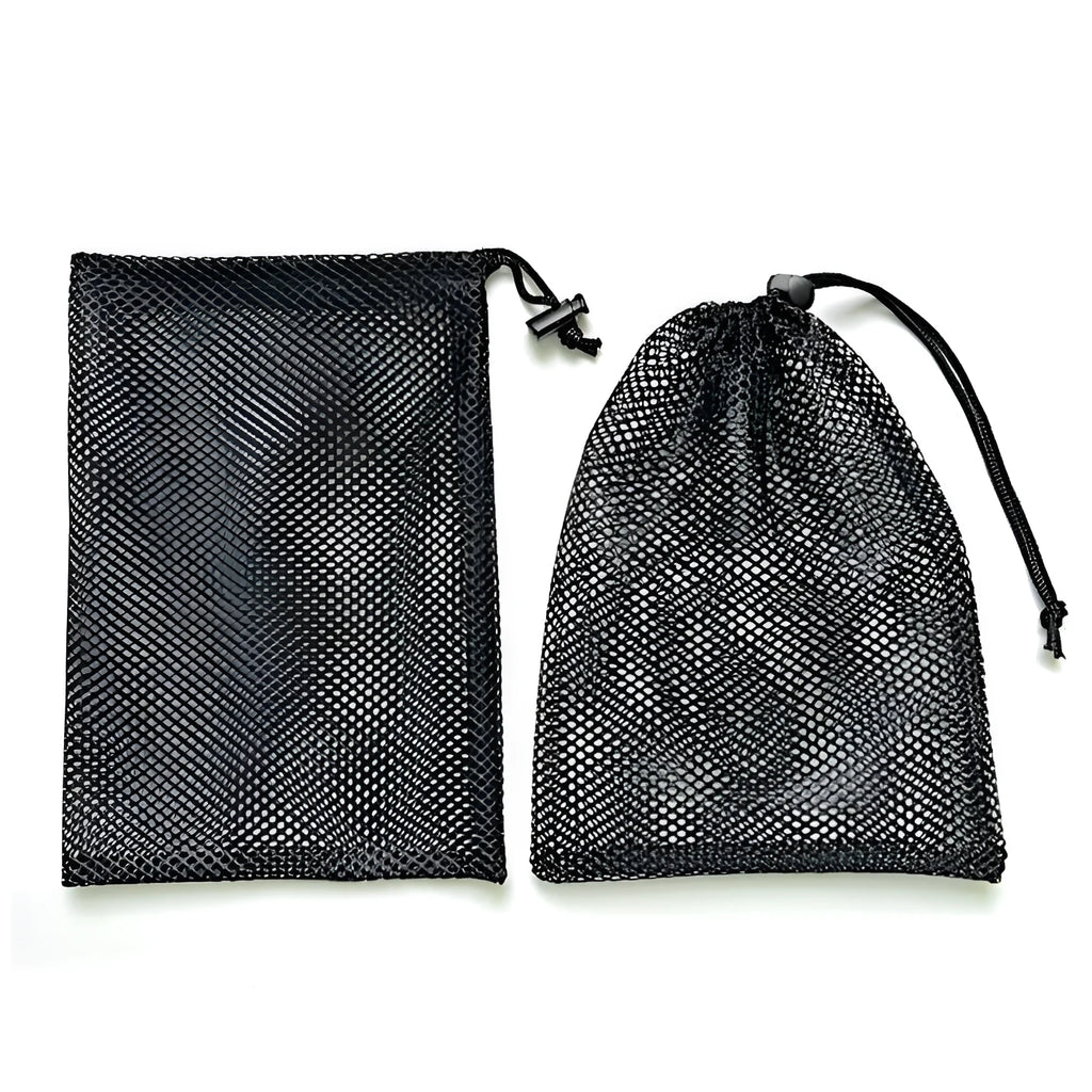 Black mesh drawstring storage bag for children's water ball toys, shown in three size options.