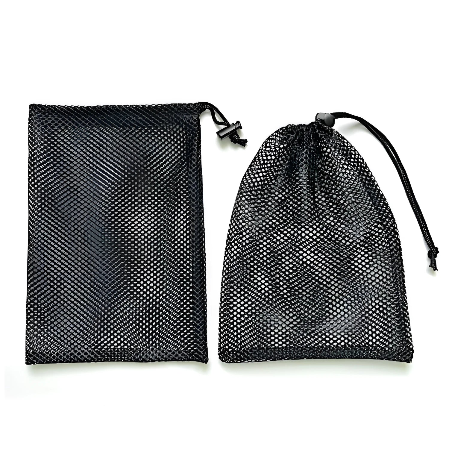 Black mesh drawstring storage bag for children's water ball toys, shown in three size options.