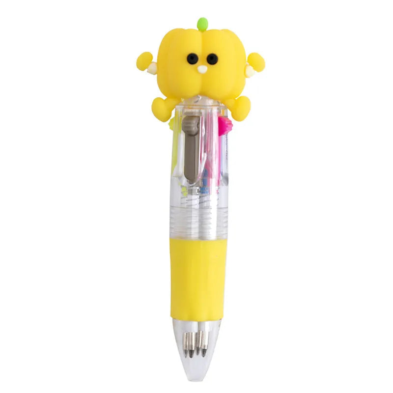 Cartoon-themed four colour press ballpoint pen with plastic and silicone body on a white background.