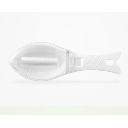 Fish-shaped scale scraper with removable knife and containment cover