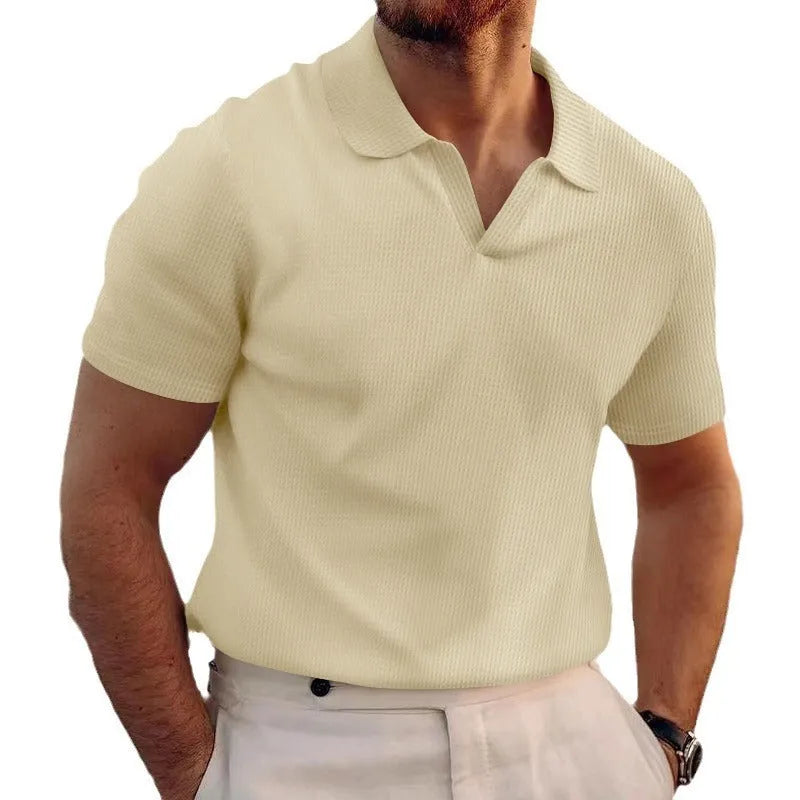 Men's slim-fit lapels t-shirt in heavy waffle texture, shown in blue.