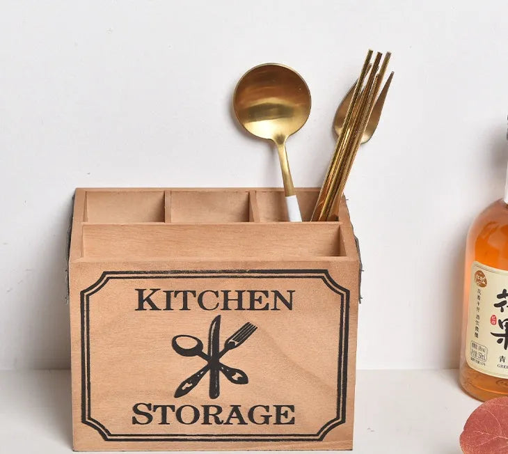 Wooden kitchen storage box with grid compartments for organising knives, forks and chopsticks