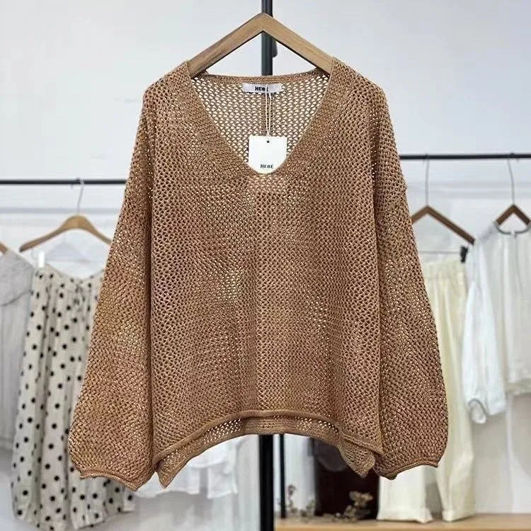 Loose spring summer polyester mesh top with princess sleeves in apricot white colour