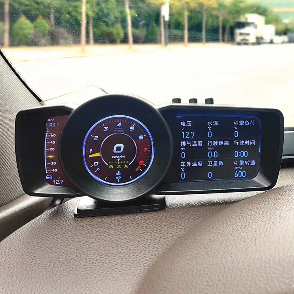 A600 monitor driving computer with TFT screen showing vehicle data, OBDII cable, and mounting tools