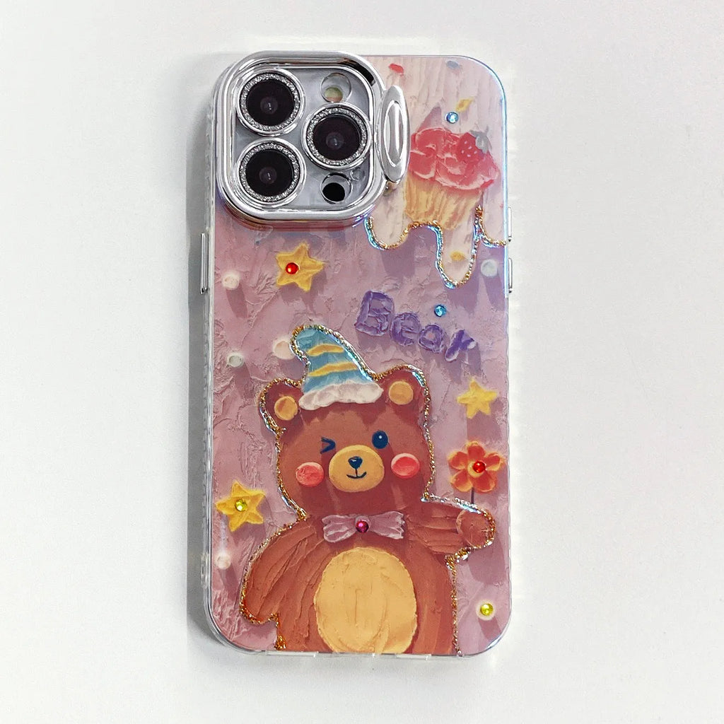 Blue light epoxy cartoon bear silicone phone case with frosted finish for iPhone, multi-colour option shown