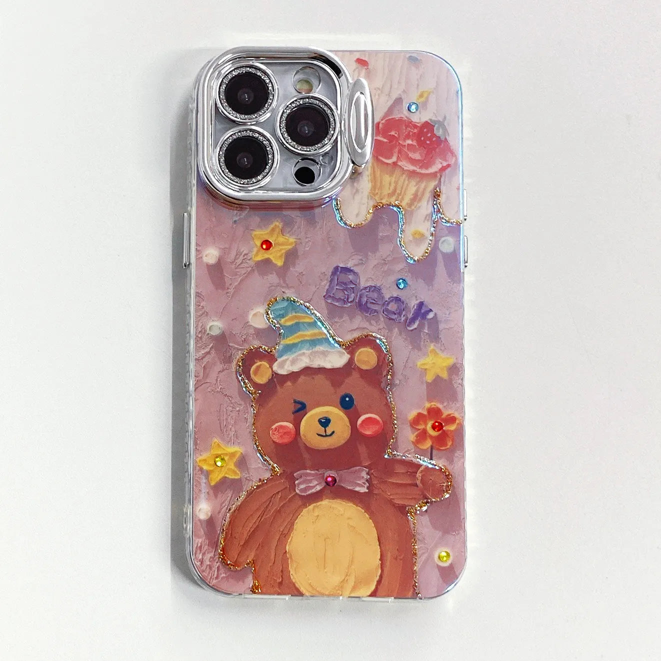 Blue light epoxy cartoon bear silicone phone case with frosted finish for iPhone, multi-colour option shown