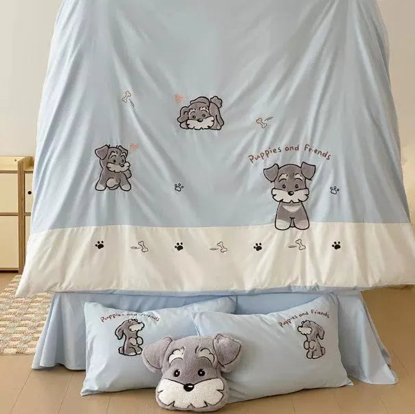 Cartoon Schnauzer dog pattern embroidered cotton bedding set with quilt cover, sheet, and pillowcases.
