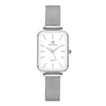 Women's rose gold waterproof quartz watch with alloy case and woven steel strap.