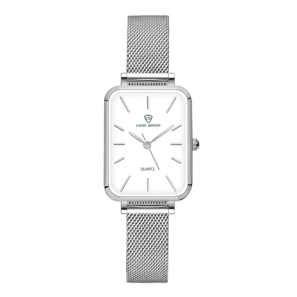 Women's rose gold waterproof quartz watch with alloy case and woven steel strap.