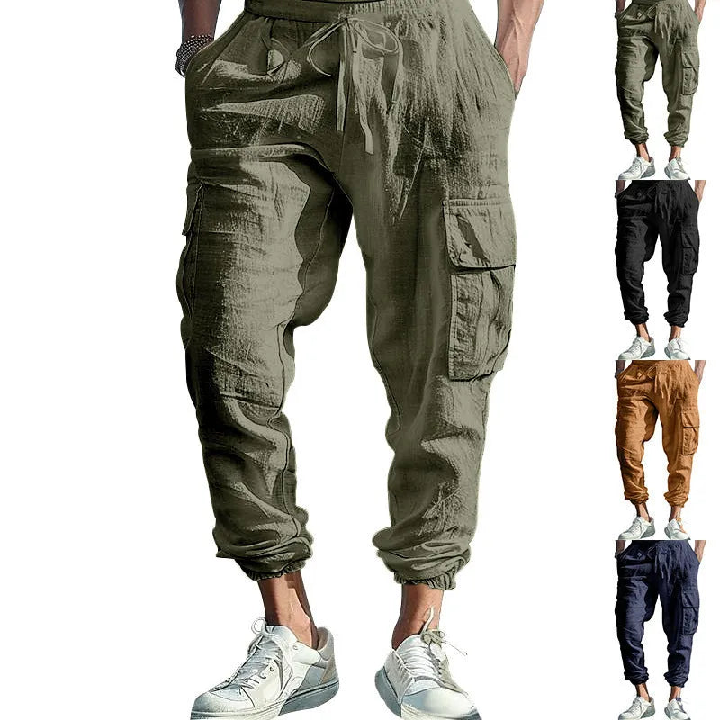 Man wearing loose-fit khaki linen casual trousers with ankle ties and multiple pockets.