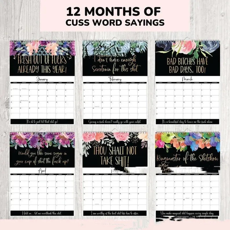 2024 wall calendar for tired women with coil binding showing monthly spread and funny sweary sayings
