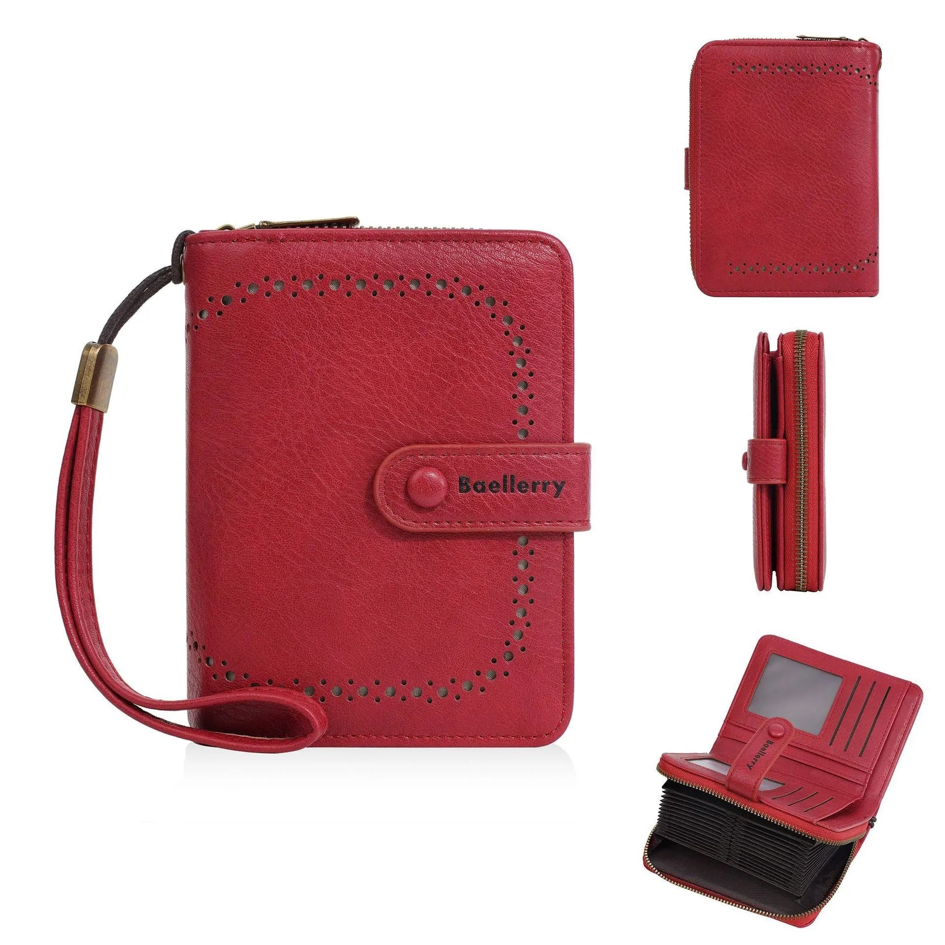 A compact black PU leather women's zip coin purse with an integrated card holder.