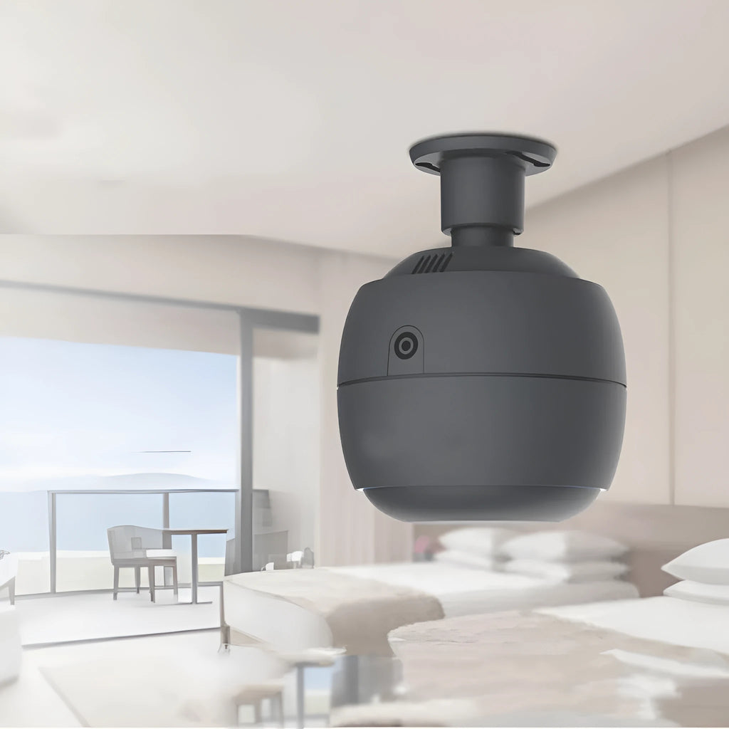 Round white smart ceiling Bluetooth aroma diffuser with 0.5L reservoir on ceiling