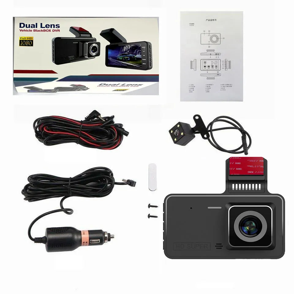 4-inch touch screen dashboard camera with dual lens system mounted on car windscreen