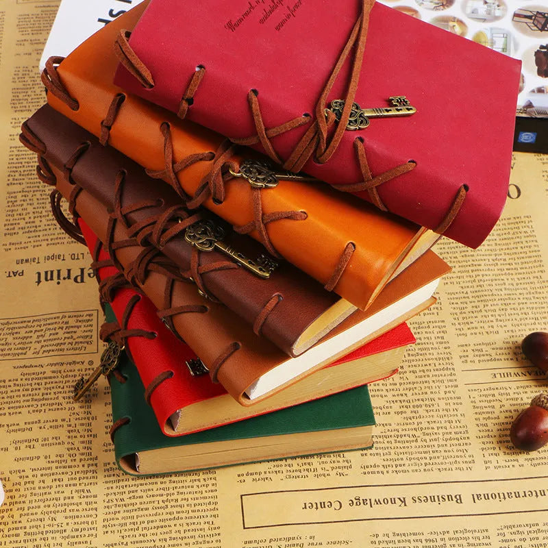Retro bandage faux leather notebook set with two sizes and strap closure, brown cover, poly paper pages