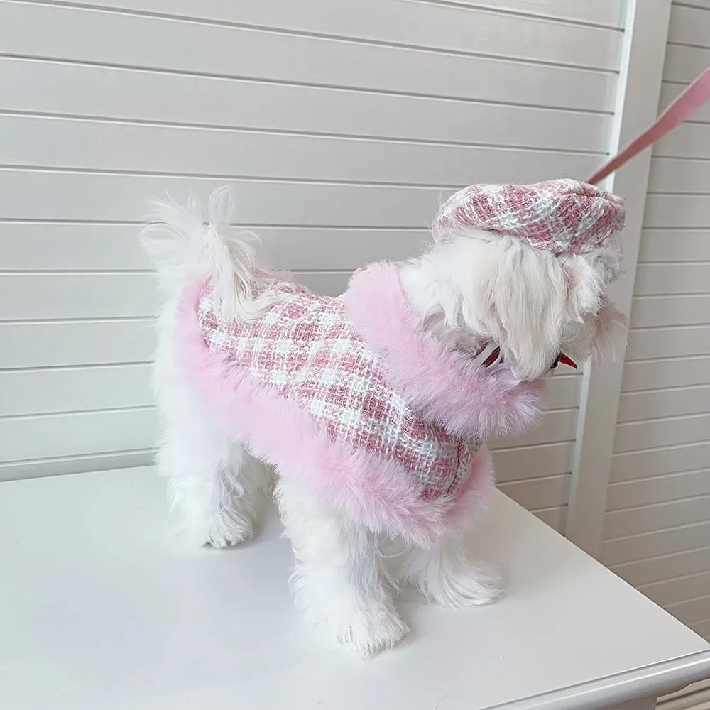 Pink cat costume set with cape featuring hand-holding rope and beret accessory