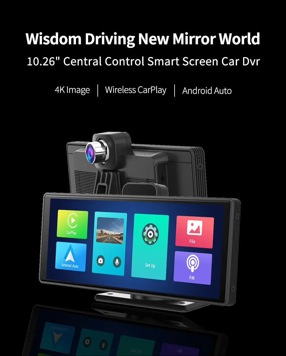 12-inch touch screen car DVR on dashboard showing split-screen view of front and rear camera footage
