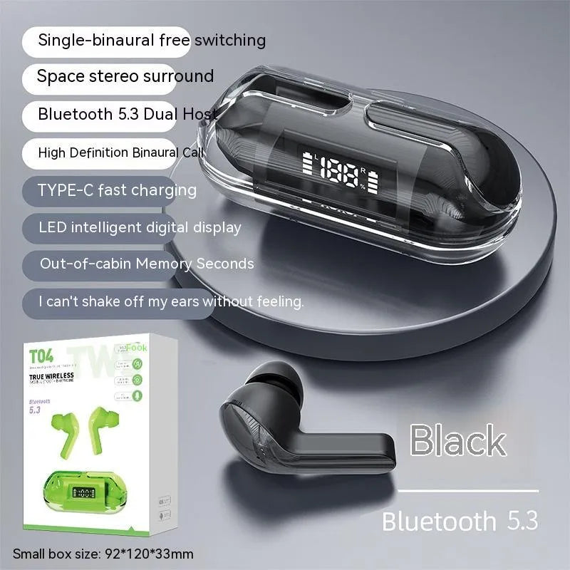 Bluetooth 5.3 wireless headset with transparent digital display charging case shown in pink, black, green, and white colour options.