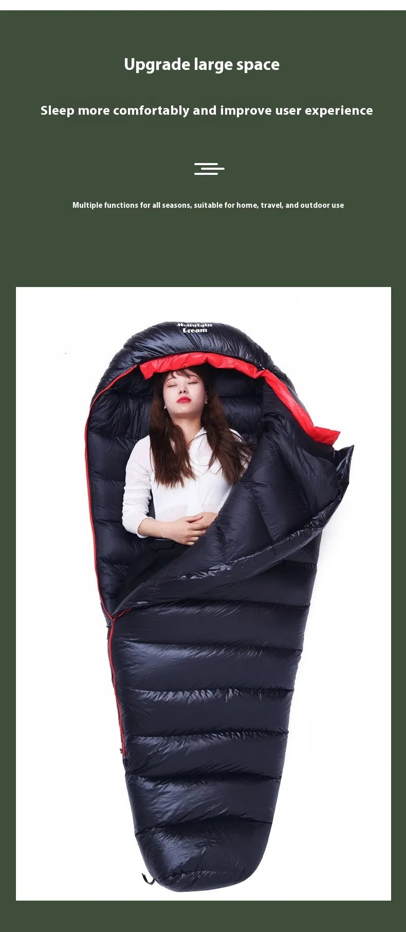 Ultralight mummy-style sleeping bag in army green colour with white duck down filling.