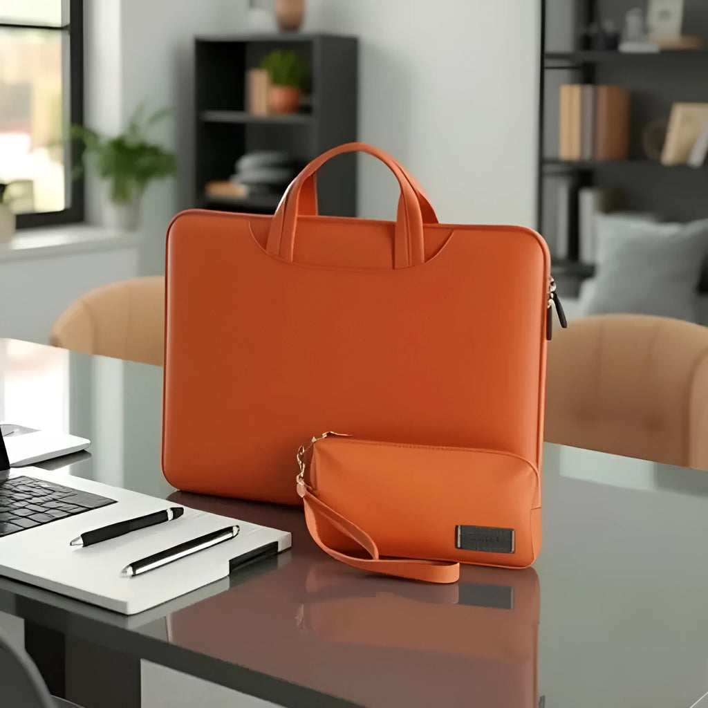 Black PU laptop organiser bag with integrated power bank, open to show compartment for a 13-16 inch notebook.