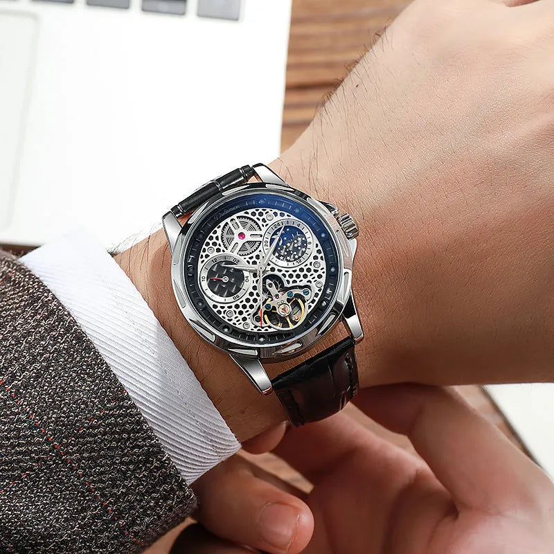 Men's automatic waterproof watch with luminous hands on a stainless steel bracelet.