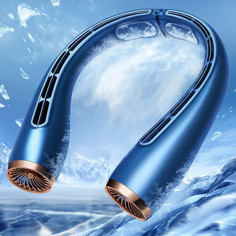 Bladeless neck fan with cold aluminium sheets, 4000mAh battery, lightweight design for outdoor summer cooling
