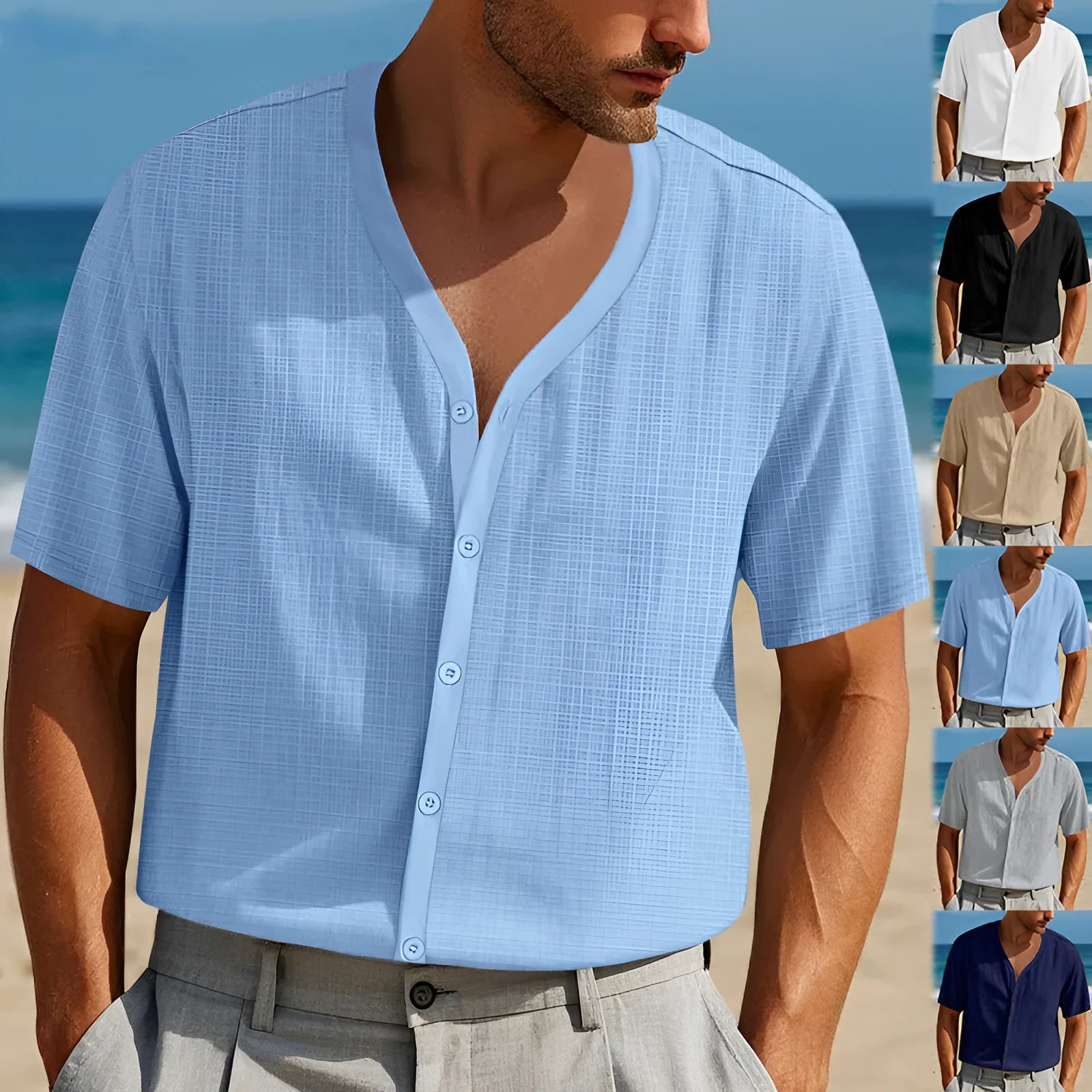 Men's loose-fit bamboo imitation linen short-sleeved Henley shirt in solid colour, front view