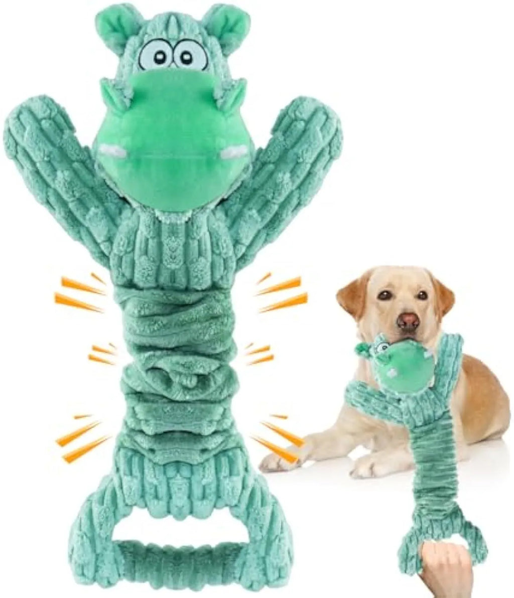 Large plush dog toy with a handle, showing telescopic design, in bright colours for interactive squeaky and crinkle play.