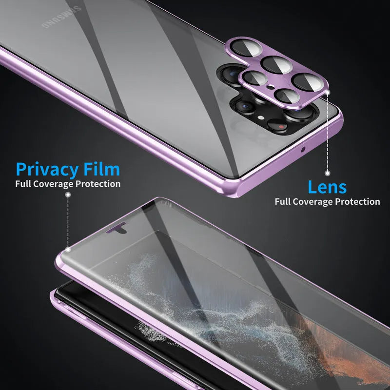 Black magnetic phone case with a mirror for Samsung Galaxy S24 Ultra on a table.