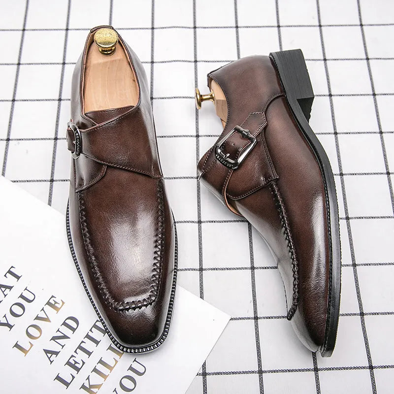 Men's square toe buckle casual leather shoes in black with stitched details and flat rubber sole