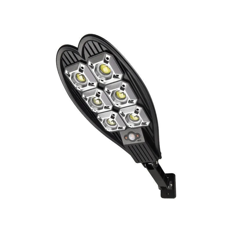 A white 6-eye sword design solar garden lamp with a solar panel on top, shown with its remote control.