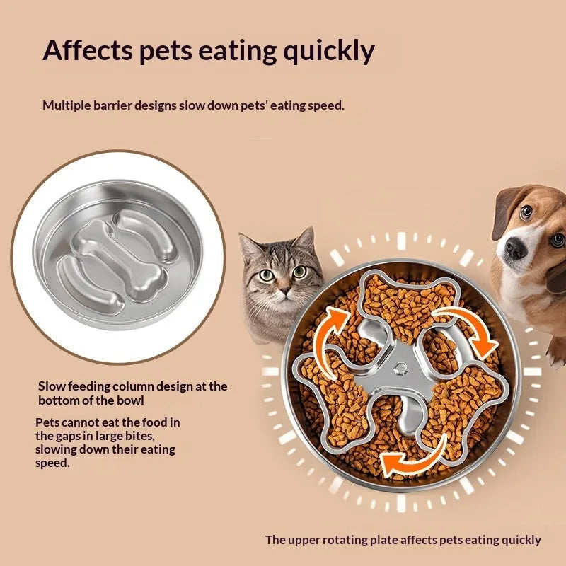 304 stainless steel rotating slow-feeding pet bowl with bone design for anti-choking use