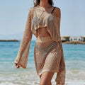 Khaki women's bell sleeve two-piece suit with hollow out construction and long sleeves for sun protection