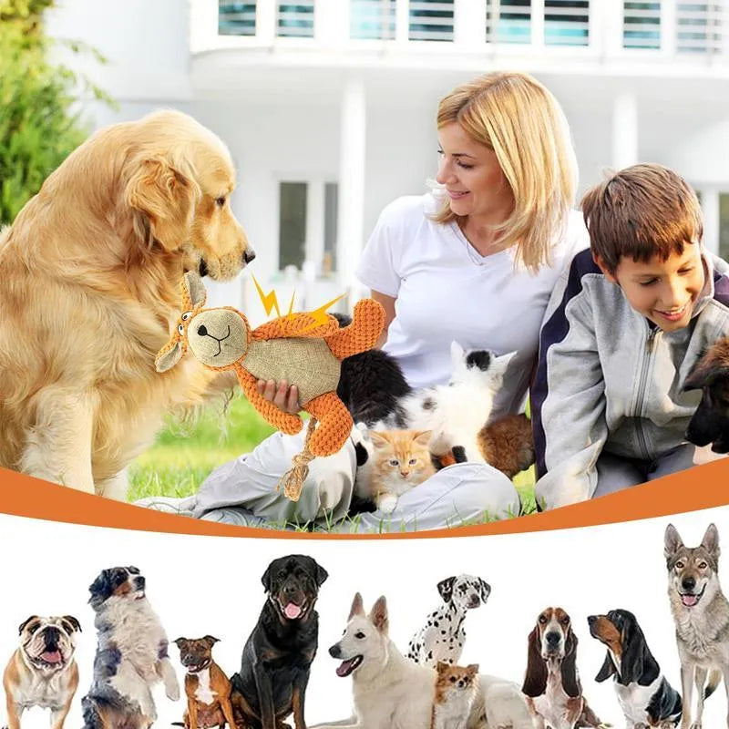 Plush squeaky dog toy in animal shape for chewing and teeth cleaning