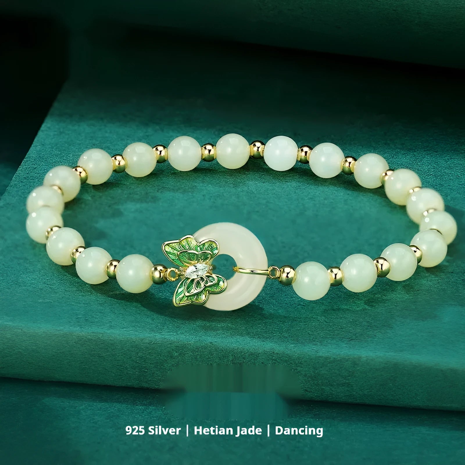 Hetian jade bracelet for women with butterfly design and sterling silver inlaid gemstones