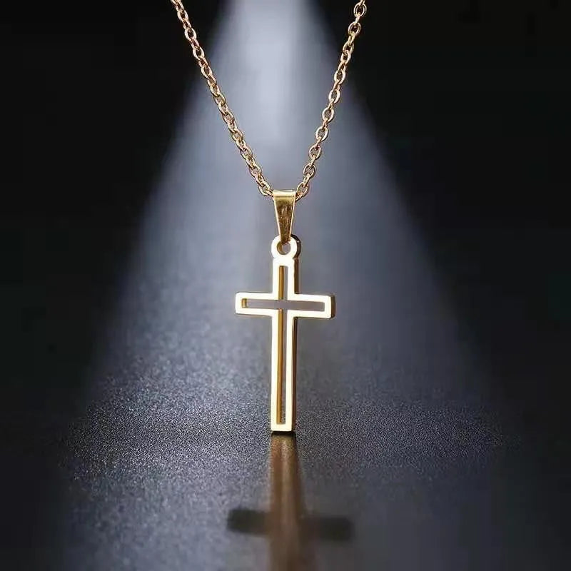 Unisex titanium steel cross necklace with electroplated gold finish on a stainless steel chain