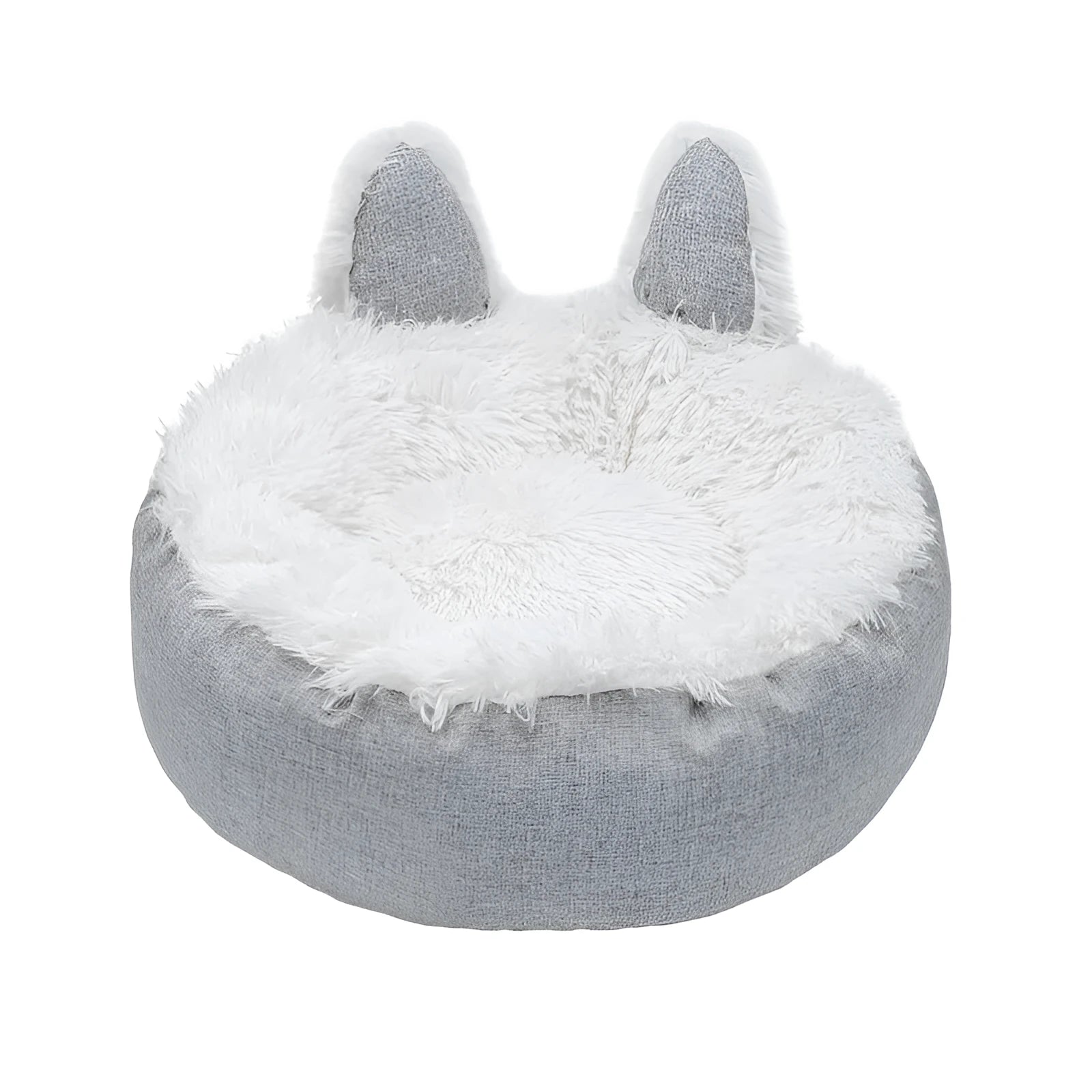 Plush faux fur circular pet bed for cats and small dogs in blue colour showing soft textured material