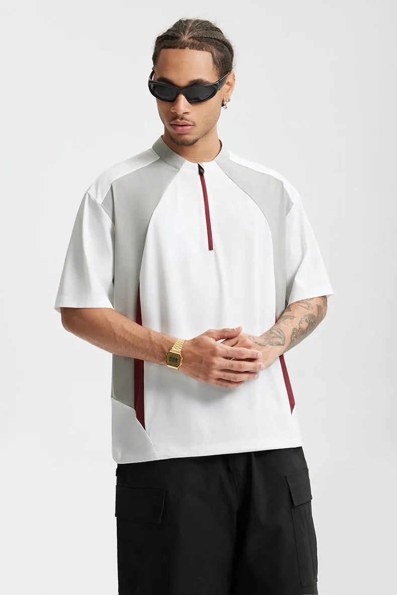 Men's black and beige polyester tops with stitching detail in long and short sleeve versions