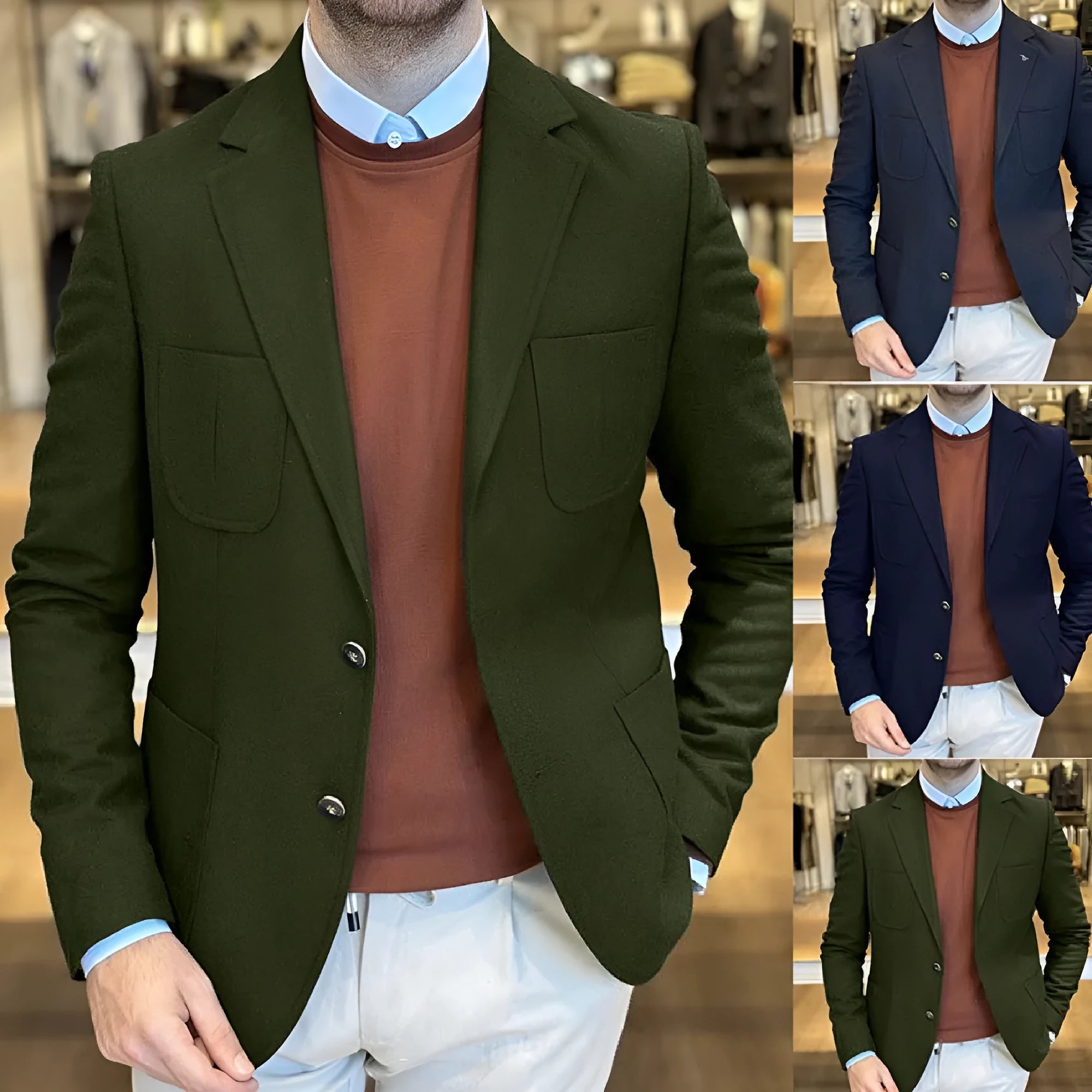 Men's loose-fit cotton suit jacket in retro style, shown in army green colour.