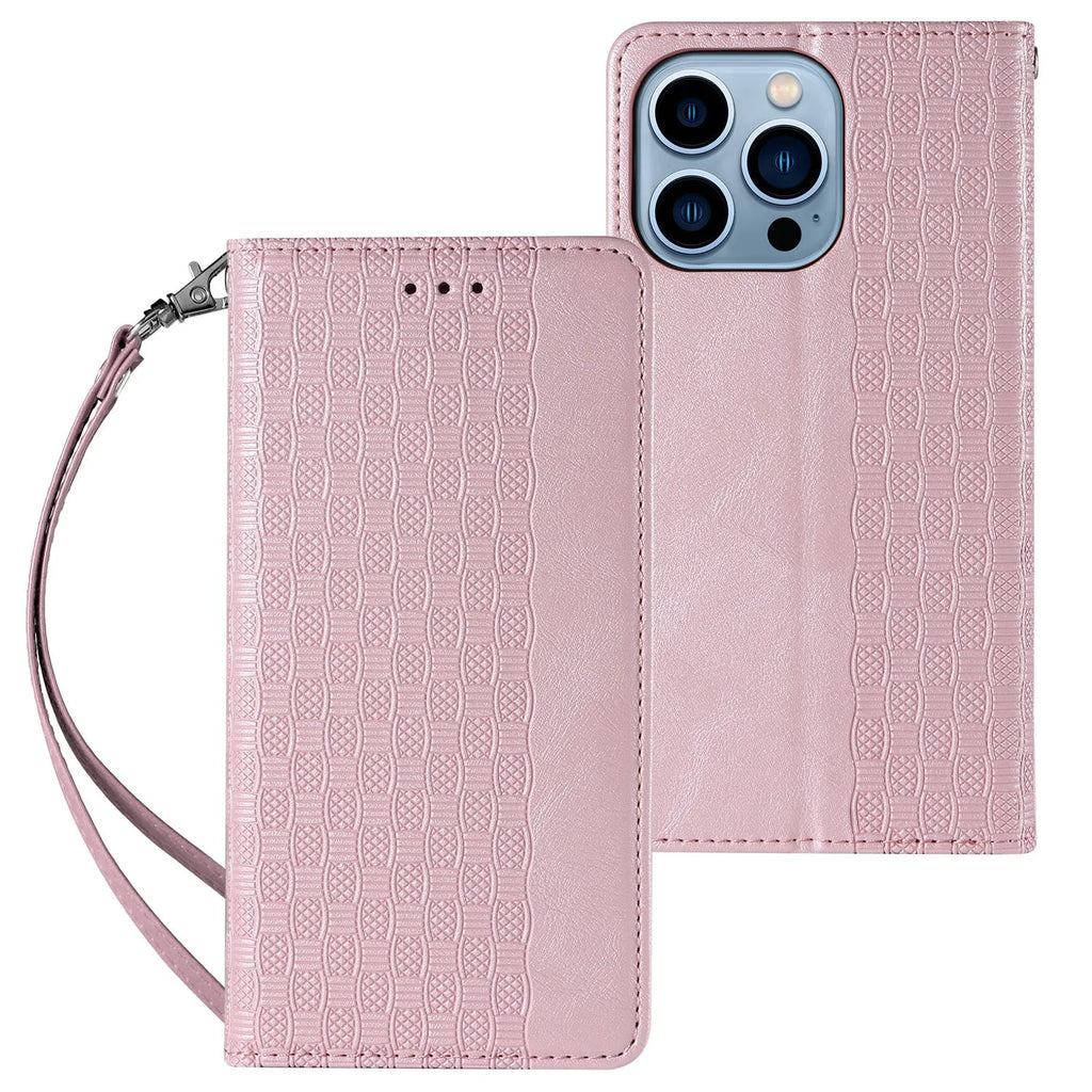 Embossed leather flip phone case for iPhone showing texture detail and flip cover design