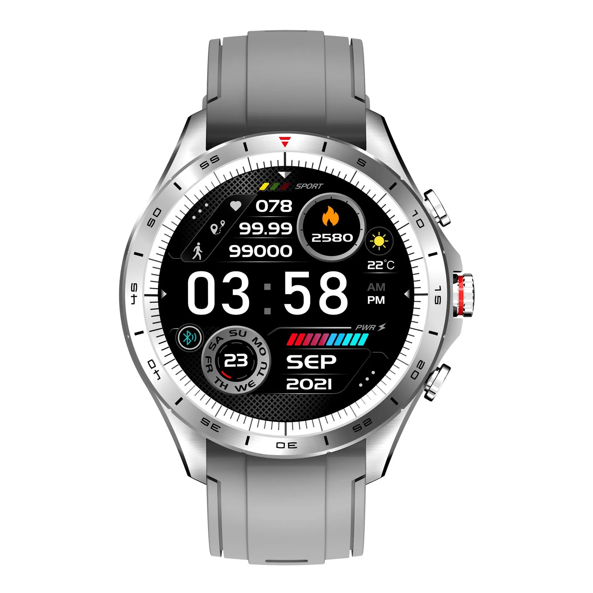 Men's smart bracelet watch with zinc alloy case and silicone wristband in black, blue, or grey colours