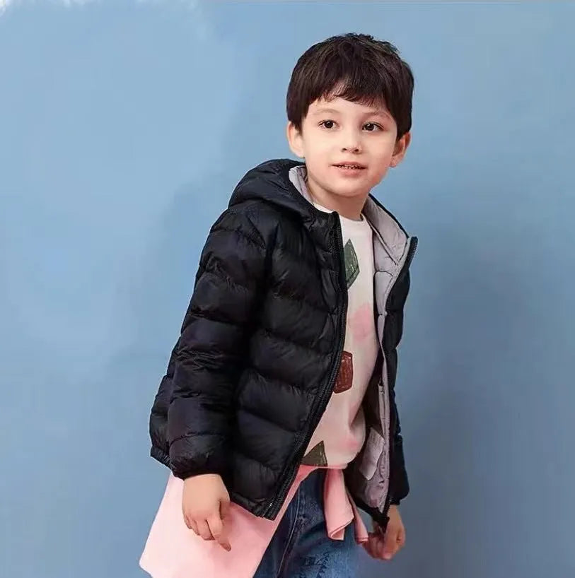 Neutral boys and girls hooded down jacket, solid colour, nylon shell, available in Classic Black and other colours